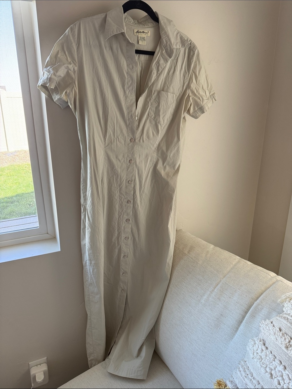 Eddie Bauer Cream Button-Front Maxi Shirt Dress L